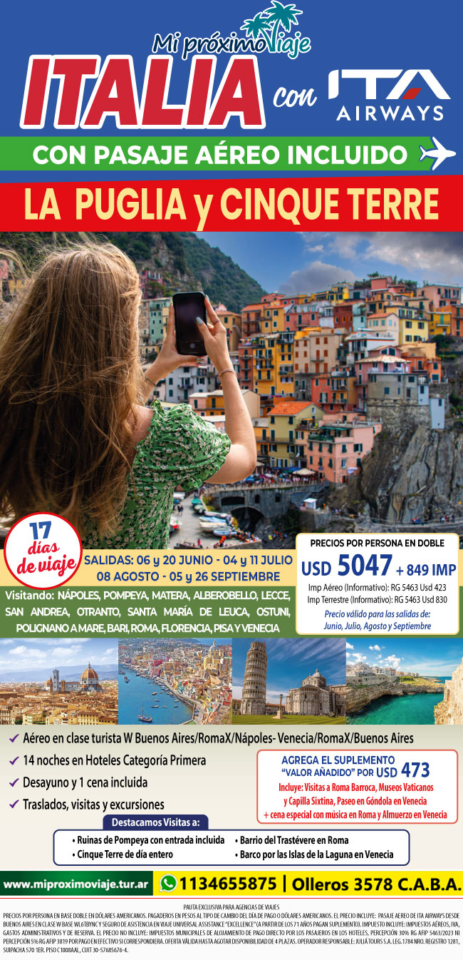 LA PUGLIA y CINQUE TERRE con AEREO DE ITA AIRWAYS INCLUIDO